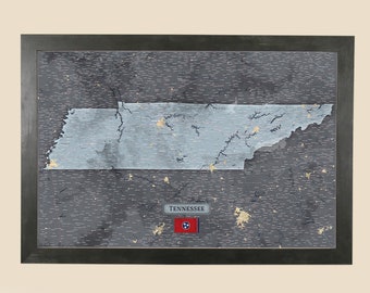 Slate Tennessee State Travel Map - Customizable Map of Tennessee - TN State Push Pin Map - Framed Tennessee Wall Map