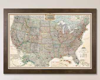 Personalized Executive US Travel Map with Pins and Frame -Push Pin Travel Map - Detailed US Map - Large Framed Map - USA Travels Tracker