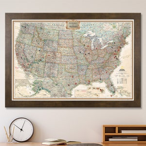 Personalized Executive US Travel Map with Pins and Frame -Push Pin Travel Map - Detailed US Map - Large Framed Map - USA Travels Tracker