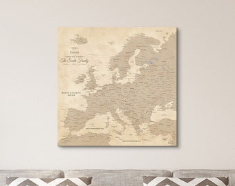 GALLERY WRAPPED Personalized Vintage Europe Map on Canvas - 24"x 24" - Travel Map Wall Décor - Canvas Wall Map with Pins - Gifts for Grads
