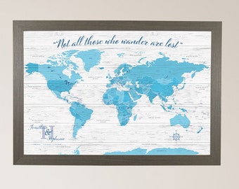 Light Blue Anniversary World Map - Personalized Canvas Push Pin Map - Blue World Map for Couples - Anniversary Gift - Wedding Gift