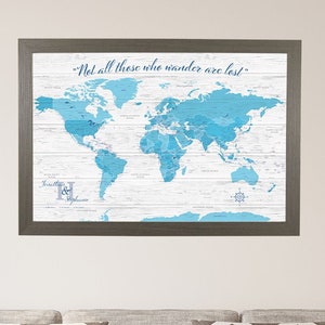 Light Blue Anniversary World Map - Personalized Canvas Push Pin Map - Blue World Map for Couples - Anniversary Gift - Wedding Gift