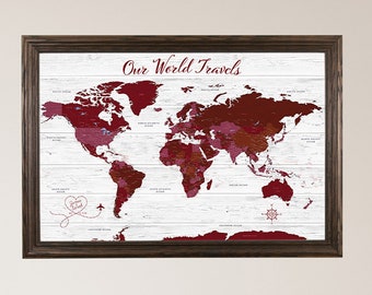 Red Anniversary World Map - Personalized Canvas Push Pin Travel Map - Red World Map for Couples - Great gift idea for weddings/anniversaries