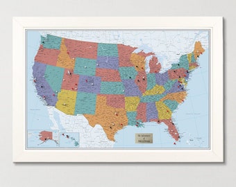 Personalized Blue Oceans USA Push Pin Travel Map with Pins and Frame -27.5"x39.5" - Map of the US - United States Travel Map - USA Pin Map