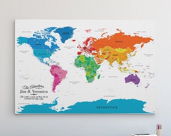 GALLERY WRAPPED Personalized Canvas Map - Colorful World Map with Pins - 24" x 36" or 30" x 45" - Push Pin World Map - Rainbow World Map