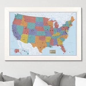 Personalized Blue Oceans USA Push Pin Travel Map with Pins and Frame -27.5&quot;x39.5&quot; - Map of the US - United States Travel Map - USA Pin Map