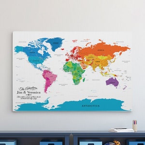 GALLERY WRAPPED Personalized Canvas Map - Colorful World Map with Pins - 24" x 36" or 30" x 45" - Push Pin World Map - Rainbow World Map