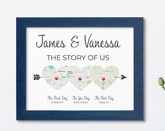 The Story Of Us - 3 Heart Map Art, Option 3 - Map Out Your Love Story - Personalized Map Art - Great Gift Idea!