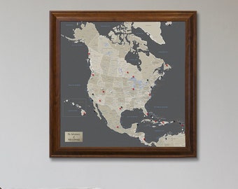 Personalized Earth Toned North America Travel Map with Pins - Framed Travel Map - North America Map - Gifts for Travelers