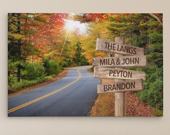 Autumn Road Custom Family Sign Art - 24"x36" & 30"x45" - Gallery Canvas Travel Art - Destination Sign Name Art - Custom Family Art Print