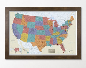 Personalized Tan Oceans USA Push Pin Travel Map with Pins and Frame - 27.5"x39.5"- Map of the US - Map For Children - Perfect Gift For Kids!