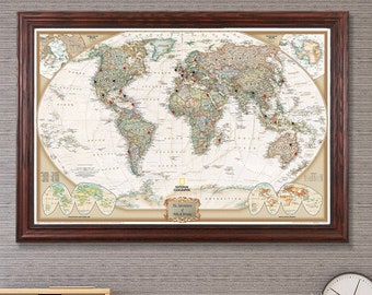 Personalized Executive World Travel Map with Pins and Frame - Push Pin Travel Map - World Pin Map - Great Learning Tool - Home Decor