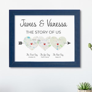The Story Of Us - 3 Heart Map Art, Option 3 - Map Out Your Love Story - Personalized Map Art - Great Gift Idea!