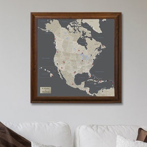 Personalized Earth Toned North America Travel Map with Pins - Framed Travel Map - North America Map - Gifts for Travelers