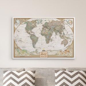 GALLERY WRAPPED Personalized Canvas Executive World Map - 24"x36" or 30"x45" Push Pin Travel Map - Canvas Map with Pins - Detailed World Map