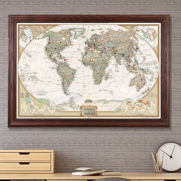 Personalized Executive World Travel Map with Pins and Frame - Push Pin Travel Map - World Pin Map - Great Learning Tool - Home Decor