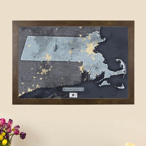 Slate Massachusetts State Travel Map - Personalized Map of Massachusetts - MA Push Pin Map - Gray MA Pin Map - Massachusetts Pinboard Map