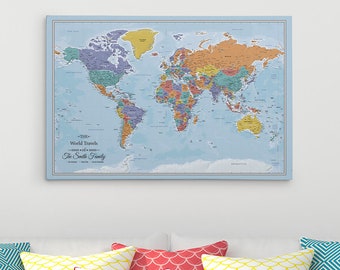 GALLERY WRAPPED Personalized Map - Blue Oceans World Canvas Map - 24" x 36"or 30" x 45" Canvas Wall Map - World Map with Pins - Gift For Her