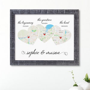 The Beginning, The Question, The Knot - 3 Heart Map Art, Option 2 - Love Story Map - Relationship Wall Art - Great 2nd Anniversary Gift!