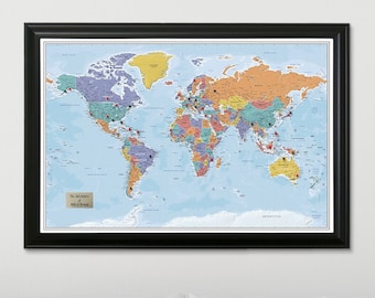 Personalized Blue Oceans World Travel Map with Pins and Frame - Push Pin Travel Map - 1st Anniversary Gift Idea - Wedding Guest Book