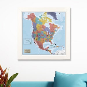 Personalized Blue Oceans North America Travel Map with Pins - Framed Wall Map - Map of North America - Maps for Travelers - Graduation Gifts