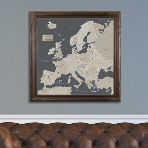 Personalized Earth Toned Europe Travel Map with Pins - Framed Travel Map - Square Europe Wall Map - Gifts for Travelers - European Gifts