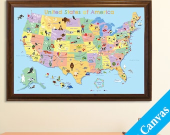 CANVAS Kids USA Travel Map - Personalized Kids Canvas Push Pin Travel Map - Kids Map of the US - Great Learning Tool -Kids United States Map