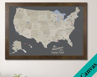 CANVAS Personalized Earth Toned USA Travel Map - Push Pin Travel Map - Canvas United States Map - 2nd Anniversary Gift - Cotton Gift Idea