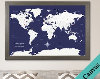 Framed Beige Travel Board Small World Map with Gold & Silver Colour Pins