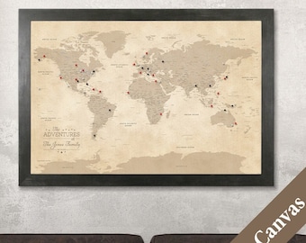 CANVAS Personalized Vintage World Travel Map - Push Pin Travelers Map - Canvas Pin Wall Map - Second Anniversary Gift - Cotton Anniversary