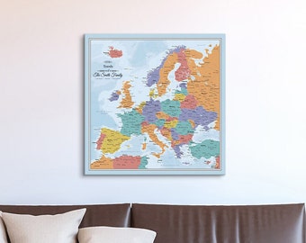 GALLERY WRAPPED Personalized Blue Oceans Europe Map on Canvas - Square Wall Map - Pin Travel Map - Europe Map with Pins - Travel Home Decor