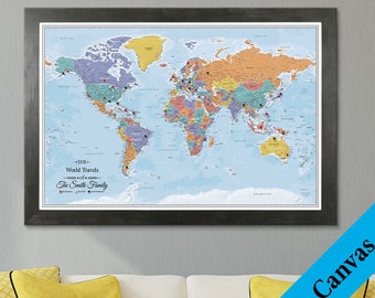 CANVAS Personalized Blue Oceans World Travel Map - World Pin Map - Custom Canvas - World Map - Second Anniversary Gift - Cotton Anniversary