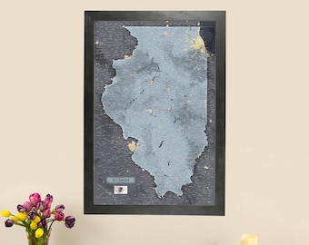 Slate Illinois State Travel Map - Personalized Map of Illinois - IL Push Pin Map - Illinois Pin Map - Illinois Pinboard Map - Great Gift!