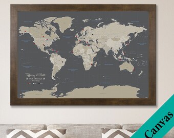 CANVAS Personalized Earth Toned World Travel Map - Push Pin Travel Map - Canvas World Map - 2nd Anniversary Gift – Cotton Anniversary
