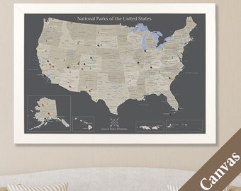 CANVAS Personalized Earth Toned USA National Parks Wall Map - Travel Map - Canvas Map - 2nd Anniversary Gift - Cotton Gift Idea