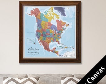 CANVAS Personalized Blue Oceans North America Map with Pins - Push Pin Map - Canvas Travel Map - 2nd Anniversary Gift - Wedding Map Gifts