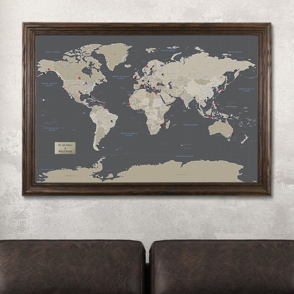 Personalized Earth Toned World Push Pin Travel Map - 27.5" x 39.5"- Push Pin Travel Map - World Map - Personalized Map - Home Decor