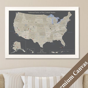 CANVAS Personalized Earth Toned USA National Parks Wall Map - Travel Map - Canvas Map - 2nd Anniversary Gift - Cotton Gift Idea