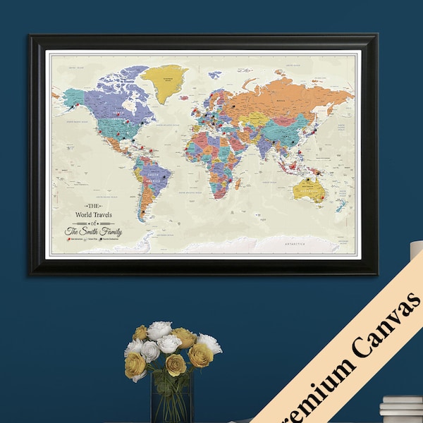 CANVAS Personalized Tan Oceans World Travel Map - Push Pin Canvas Map of the World - Canvas Cotton Anniversary Gift - Pin Your Trips!