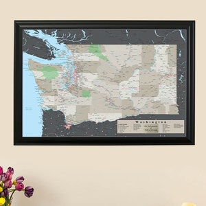 Personalized Earth Toned Washington State Map with Pins - State Maps - Washington State Reference Map - Framed Wall Map - Large Home Décor