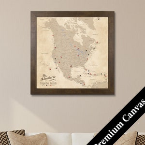 CANVAS Personalized Vintage North America Travelers Map - Push Pin Travel Map - Canvas Map - Second Anniversary Gift - Cotton Anniversary
