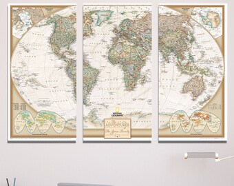 Large 3 Panel Personalized Canvas Map - Executive World Travel Map with Pins - 36" x 54" - Beautiful and Functional Modern Wall Art