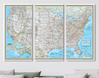 Large 3 Panel Personalized Canvas US Map - Classic USA Travel Map - Wall Map with Pins - 36" x 54" - Large Canvas Wall Art