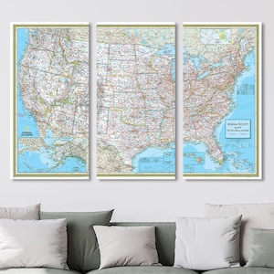 May include: A three-panel map of the United States, featuring detailed roads and geographical features. The map is printed on a light blue background with a white border. The map is titled "National Geographic" and includes a small inset map of Alaska and Hawaii. The bottom right panel includes the text "Emma Scott, Oh, the places you'll go!"