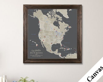 CANVAS Personalized Earth Toned North America Travel Map - Push Pin Travel Map - Canvas Pin Map - 2nd Anniversary Gift – Cotton Anniversary