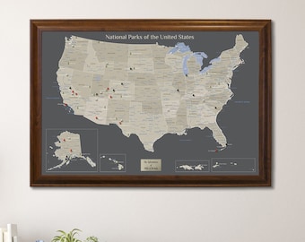 Personalized Earth Toned US National Parks Map with Pins - Travel Map -  Wall Art - Personalized Gift - National Parks List