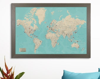 Personalized Teal Dream World Push Pin Travel Map - Push Pin Travel Map with Pins - Framed Wall Art - Pin Past & Future Travels - Map Art