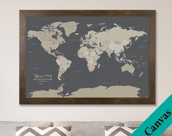 CANVAS Personalized Earth Toned World Travel Map - Push Pin Travel Map - Canvas World Map - 2nd Anniversary Gift – Cotton Anniversary