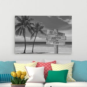 Ocean Palm Trees Custom Family Sign Art - 24&quot;x36&quot; & 30&quot;x45&quot; - Stretched Canvas Travel Art - Family Name Art - Custom Family Art