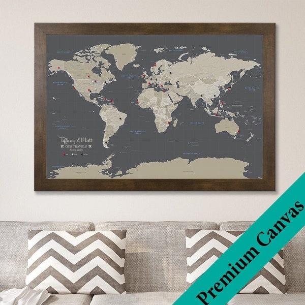 CANVAS Personalized Earth Toned World Travel Map - Push Pin Travel Map - Canvas World Map - 2nd Anniversary Gift – Cotton Anniversary